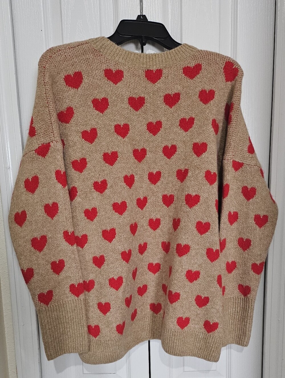 NWT Vince Camuto Heart Print Sweater Women’s Large Camel Red Hearts Crew Neck Kn - Picture 7 of 11